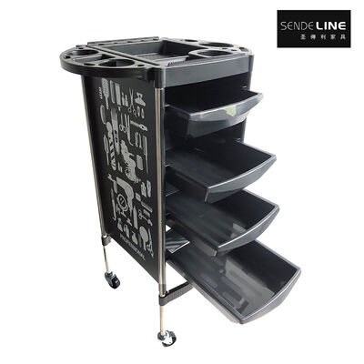 Support de rangement pour salon de coiffure à quatre niveaux, avec option de déplacement libre et dimensions compactes de 365 x 335 x 880 mm.